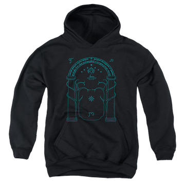 Black youth hoodie for ages 8 to 12 with Lord of the Rings Doors Of Durin graphic