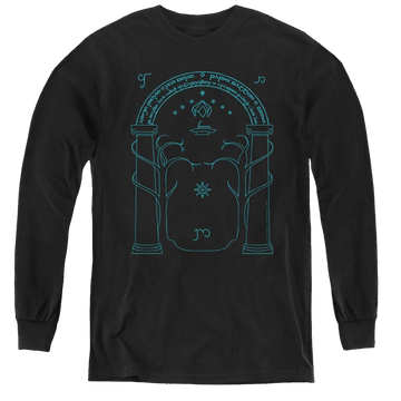 Black youth long sleeve t-shirt with Lord of the Rings Doors Of Durin graphic