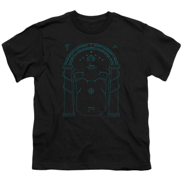 Black youth t-shirt for ages 8 to 12 with Lord of the Rings Doors Of Durin graphic