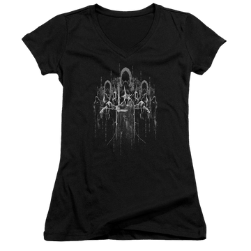 Black juniors v-neck t-shirt with Lord of the Rings The Nine graphic