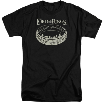 Black men's tall fit t-shirt with Lord of the Rings The Journey graphic