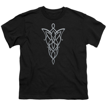 Black youth t-shirt for ages 8 to 12 with Lord of the Rings Arwen Necklace graphic