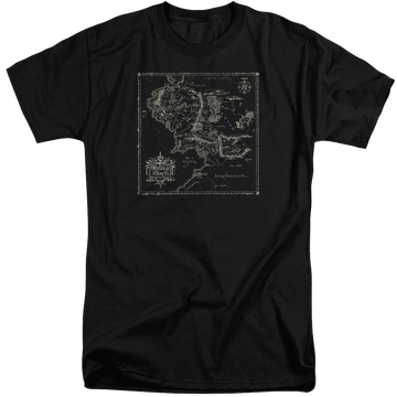 Black men's tall fit t-shirt with Lord of the Rings Map Of Me graphic