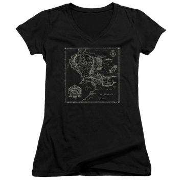Black juniors v-neck t-shirt with Lord of the Rings Map Of Me graphic