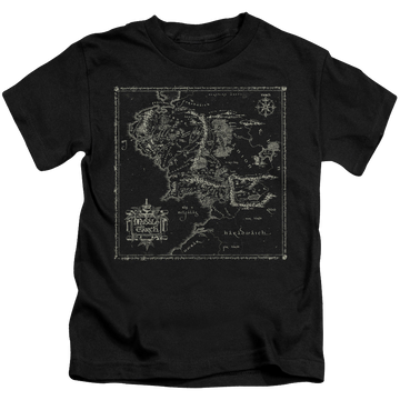 Black kid's t-shirt for ages 4 to 7 with Lord of the Rings Map Of Me graphic