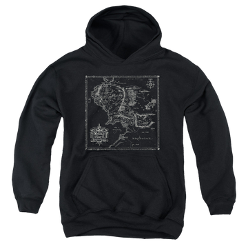 Black youth hoodie for ages 8 to 12 with Lord of the Rings Map Of Me graphic