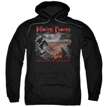 Black pullover hoodie with Lord of the Rings Power Corrupts graphic