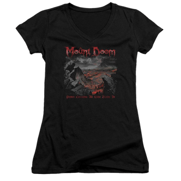 Black juniors v-neck t-shirt with Lord of the Rings Power Corrupts graphic