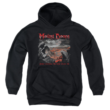 Black youth hoodie for ages 8 to 12 with Lord of the Rings Power Corrupts graphic