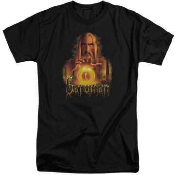 Black men's tall fit t-shirt with Lord of the Rings Saruman graphic