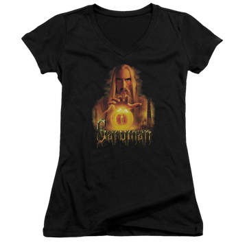 Black juniors v-neck t-shirt with Lord of the Rings Saruman graphic