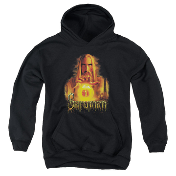 Black youth hoodie for ages 8 to 12 with Lord of the Rings Saruman graphic
