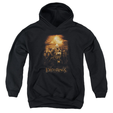 Black youth hoodie for ages 8 to 12 with Lord of the Rings Riders Of Rohan graphic