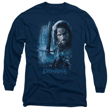 Navy men's long sleeve t-shirt with Lord of the Rings King In The Making graphic