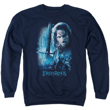 Navy men's crewneck sweatshirt with Lord of the Rings King In The Making graphic