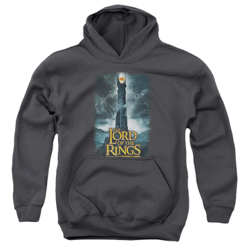 Charcoal youth hoodie for ages 8 to 12 with Lord of the Rings Always Watching graphic