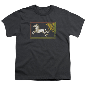 Charcoal youth t-shirt for ages 8 to 12 with Lord of the Rings Rohan Banner graphic