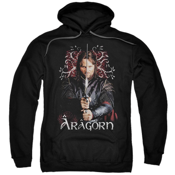 Black pullover hoodie with Lord of the Rings Aragorn graphic