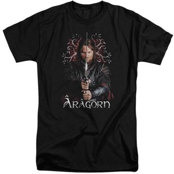 Black men's tall fit t-shirt with Lord of the Rings Aragorn graphic