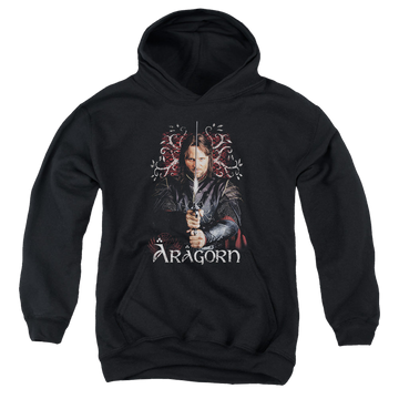 Black youth hoodie for ages 8 to 12 with Lord of the Rings Aragorn graphic