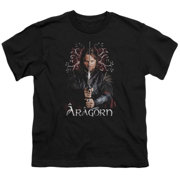 Black youth t-shirt for ages 8 to 12 with Lord of the Rings Aragorn graphic