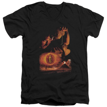 Black men's v-neck t-shirt with Lord of the Rings Destroy The Ring graphic