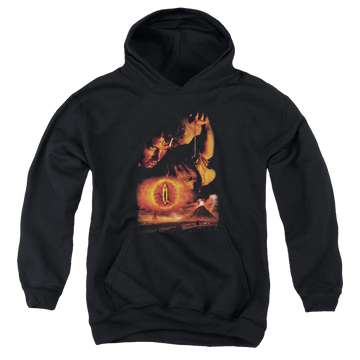 Black youth hoodie for ages 8 to 12 with Lord of the Rings Destroy The Ring graphic