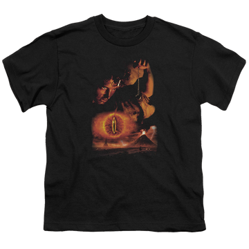 Black youth t-shirt for ages 8 to 12 with Lord of the Rings Destroy The Ring graphic