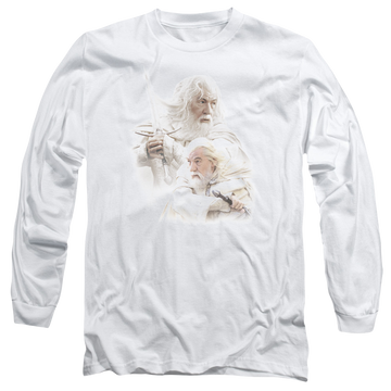 White men's long sleeve t-shirt with Lord of the Rings Gandalf The White graphic