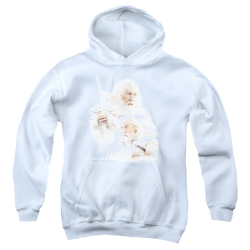 White youth hoodie for ages 8 to 12 with Lord of the Rings Gandalf The White graphic