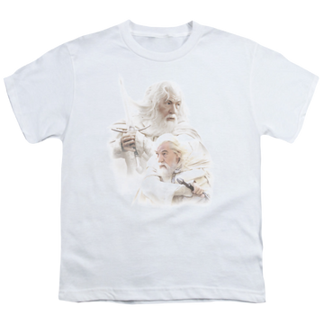 White youth t-shirt for ages 8 to 12 with Lord of the Rings Gandalf The White graphic
