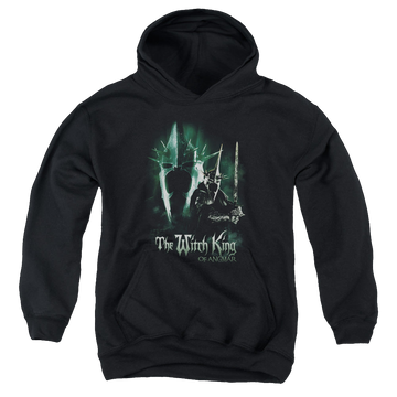 Black youth hoodie for ages 8 to 12 with Lord of the Rings Witch King graphic