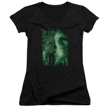 Black juniors v-neck t-shirt with Lord of the Rings King Of The Dead graphic