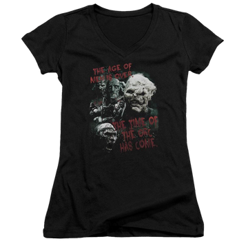 Black juniors v-neck t-shirt with Lord of the Rings Time Of The Orc graphic