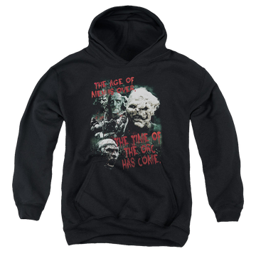 Black youth hoodie for ages 8 to 12 with Lord of the Rings Time Of The Orc graphic