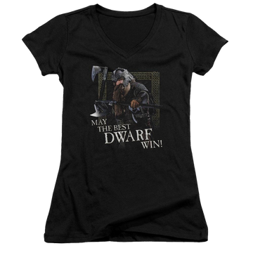 Black juniors v-neck t-shirt with Lord of the Rings The Best Dwarf graphic