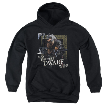 Black youth hoodie for ages 8 to 12 with Lord of the Rings The Best Dwarf graphic