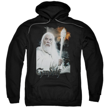 Black pullover hoodie with Lord of the Rings Gandalf graphic
