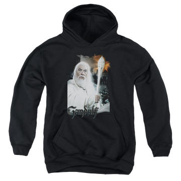 Black youth hoodie for ages 8 to 12 with Lord of the Rings Gandalf graphic