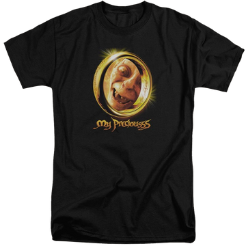 Black men's tall fit t-shirt with Lord of the Rings My Precious graphic