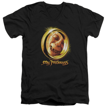 Black men's v-neck t-shirt with Lord of the Rings My Precious graphic