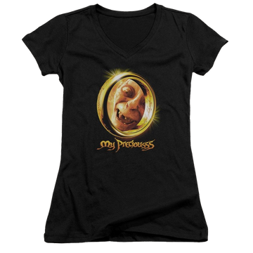 Black juniors v-neck t-shirt with Lord of the Rings My Precious graphic