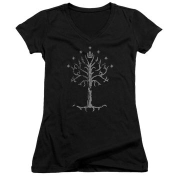 Black juniors v-neck t-shirt with Lord of the Rings Tree Of Gondor graphic