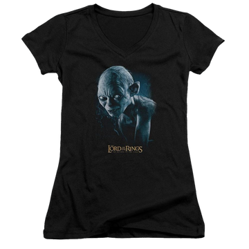 Black juniors v-neck t-shirt with Lord of the Rings Sneaking graphic