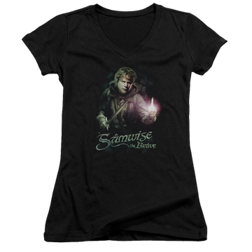 Black juniors v-neck t-shirt with Lord of the Rings Samwise The Brave graphic