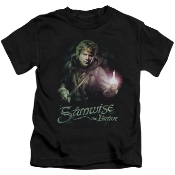 Black kid's t-shirt for ages 4 to 7 with Lord of the Rings Samwise The Brave graphic