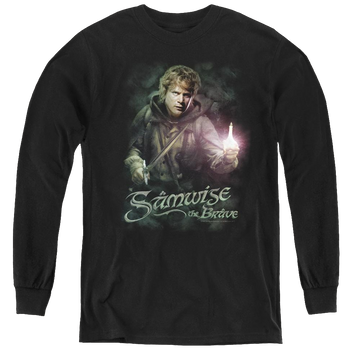 Black youth long sleeve t-shirt with Lord of the Rings Samwise The Brave graphic