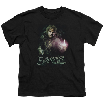 Black youth t-shirt for ages 8 to 12 with Lord of the Rings Samwise The Brave graphic