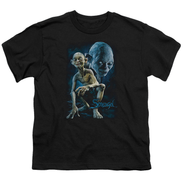 Black youth t-shirt for ages 8 to 12 with Lord of the Rings Smeagol graphic