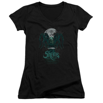 Black juniors v-neck t-shirt with Lord of the Rings Shelob graphic